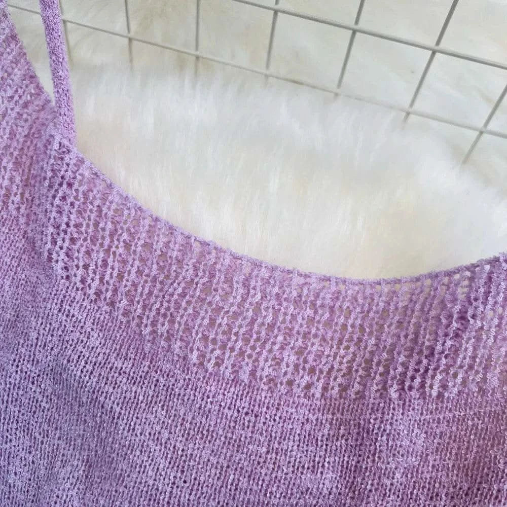 Blue/purple Summer Knit Sexy Strap Dress Women Tank Elatic Waist Bodycon Sundress Female Beach Split Backless Maxi Long Dress - M & M Global