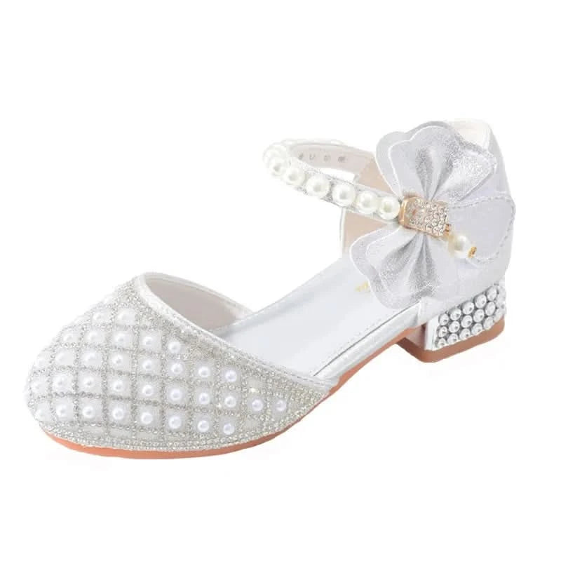 Rhinestones Princess Party Shoes Shiny Crystal Bow White Children High Heels Girls Sandals Summer Kids Student Performance Shoes - M & M Global