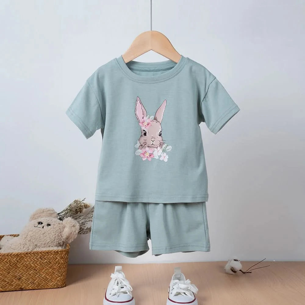Hot Selling Children's Printed Summer Set Cute Rabbit Baby Boy And Girl Summer Clothing Children's Pure Cotton T-shirt Set - M & M Global