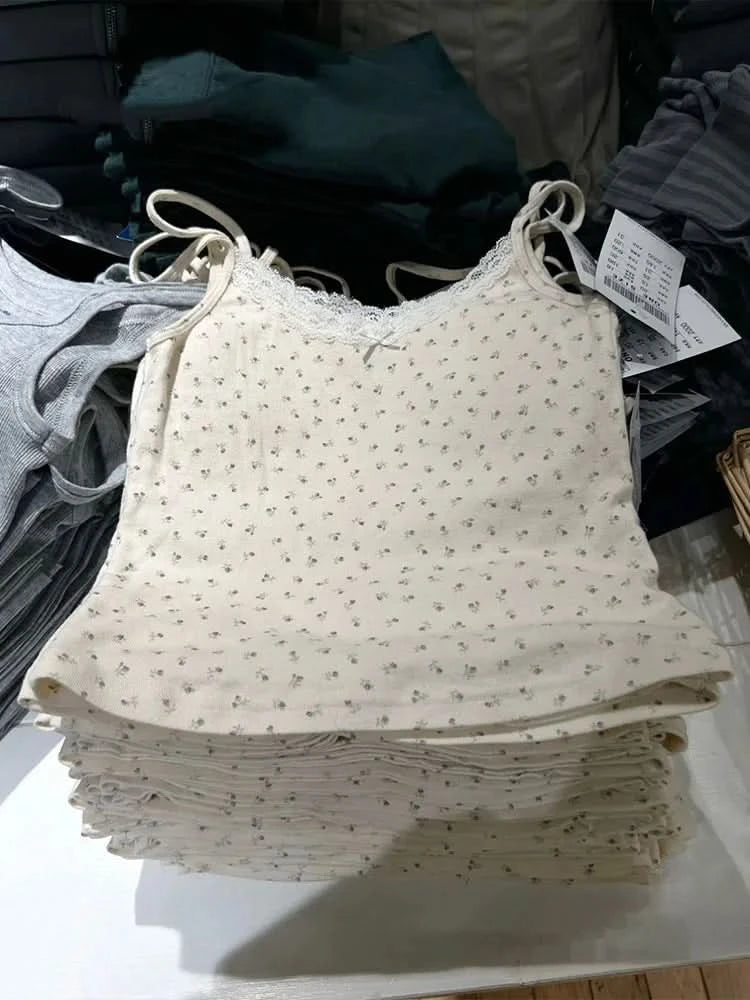 Y2K Sweet Girl Knitted Cotton Lace Sleeveless Top 2024 New Summer Fashion Ladies Slim Camis Vest Hot Chic Women Casual Tops - M & M Global