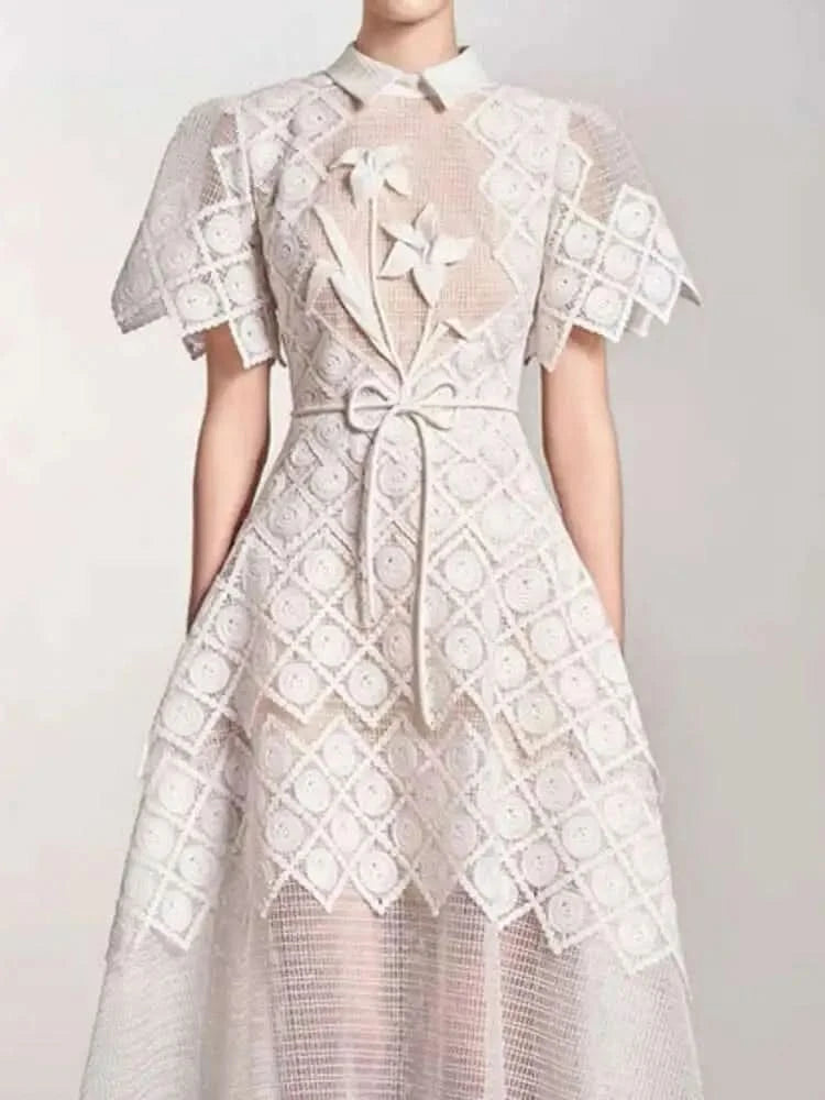 UCXQ Elegant Long Dress Fairy Style Embroidery Lace Patchwork Short Sleeve Waist Party Dresses For Women 2025 Spring Summer 9302 - M & M Global