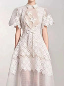 UCXQ Elegant Long Dress Fairy Style Embroidery Lace Patchwork Short Sleeve Waist Party Dresses For Women 2025 Spring Summer 9302 - M & M Global