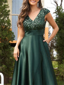 Elegant V-Neck Green Pleats Sequins Evening Dresses Long Luxury Women Satin Sleeveless Wedding Party Cocktail Gowns