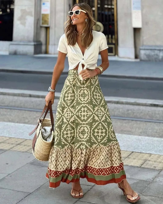 boho print maxi skirt women fashion high waist 3D printting long dress casual loose summer high waist skirts for women 2024 - M & M Global