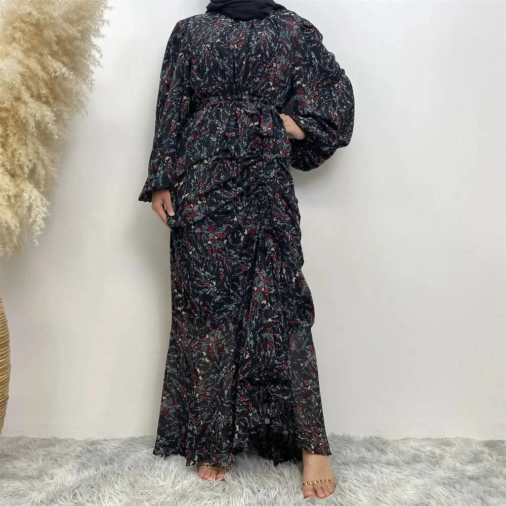 Muslim Women's dress Casual print bark crepe long dress Zipper collar long sleeves loose Muslim maxi dress - M & M Global