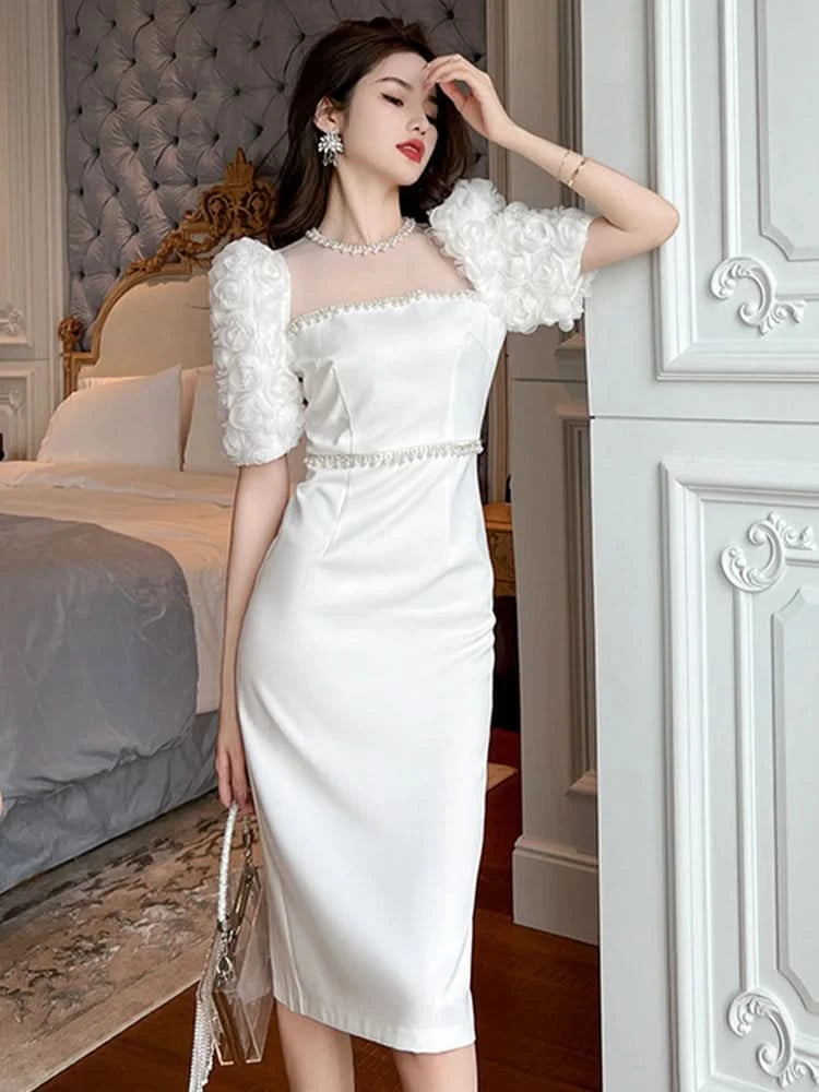 Fashion Elegant Formal Dresses Sweet Celebrity Beaded White Long Dress Sheer Mesh Flowers Split Robe Femme Prom Party Vestidos - M & M Global