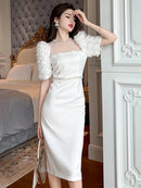 Fashion Elegant Formal Dresses Sweet Celebrity Beaded White Long Dress Sheer Mesh Flowers Split Robe Femme Prom Party Vestidos - M & M Global