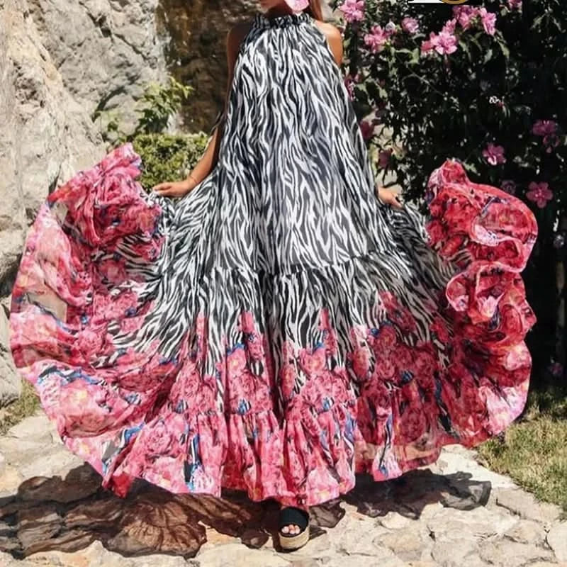 Sexy Summer Party Dress Women Fashion Bow Straps High Waist Pleated Beach Dress Chiffon Casual Floral Print Bohemian Long Dress - M & M Global