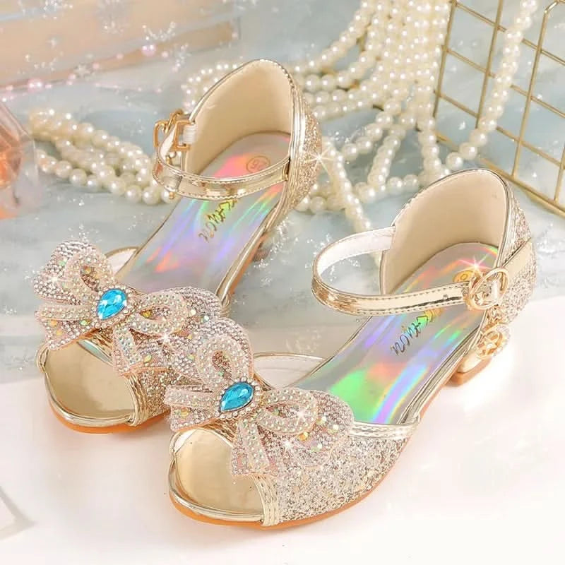 Summer Girls Sandals With Heel Fashion Rhinestone Shiny Glitter Shoes Children Princess Bowtie Pearl Dancing Shoes H876 - M & M Global