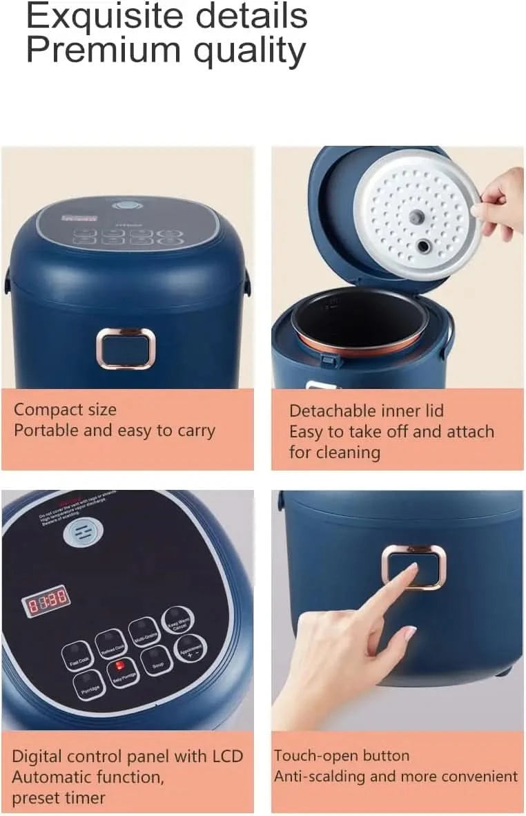 Mini Rice Cooker, 2L Portable Travel Rice Cooker For Car/Truck/Home, 12V/24V/110V Small Rice Cooker with Steam Tray(Blue) - M & M Global