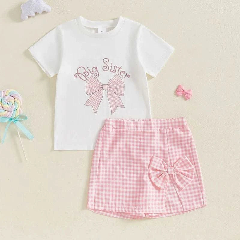 Adorable Toddler Girl Outfit with Bow Detail Short Sleeve Tee Plaid Skorts and Elastic Waistband - 2 Piece Summer Set - M & M Global