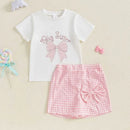Adorable Toddler Girl Outfit with Bow Detail Short Sleeve Tee Plaid Skorts and Elastic Waistband - 2 Piece Summer Set - M & M Global