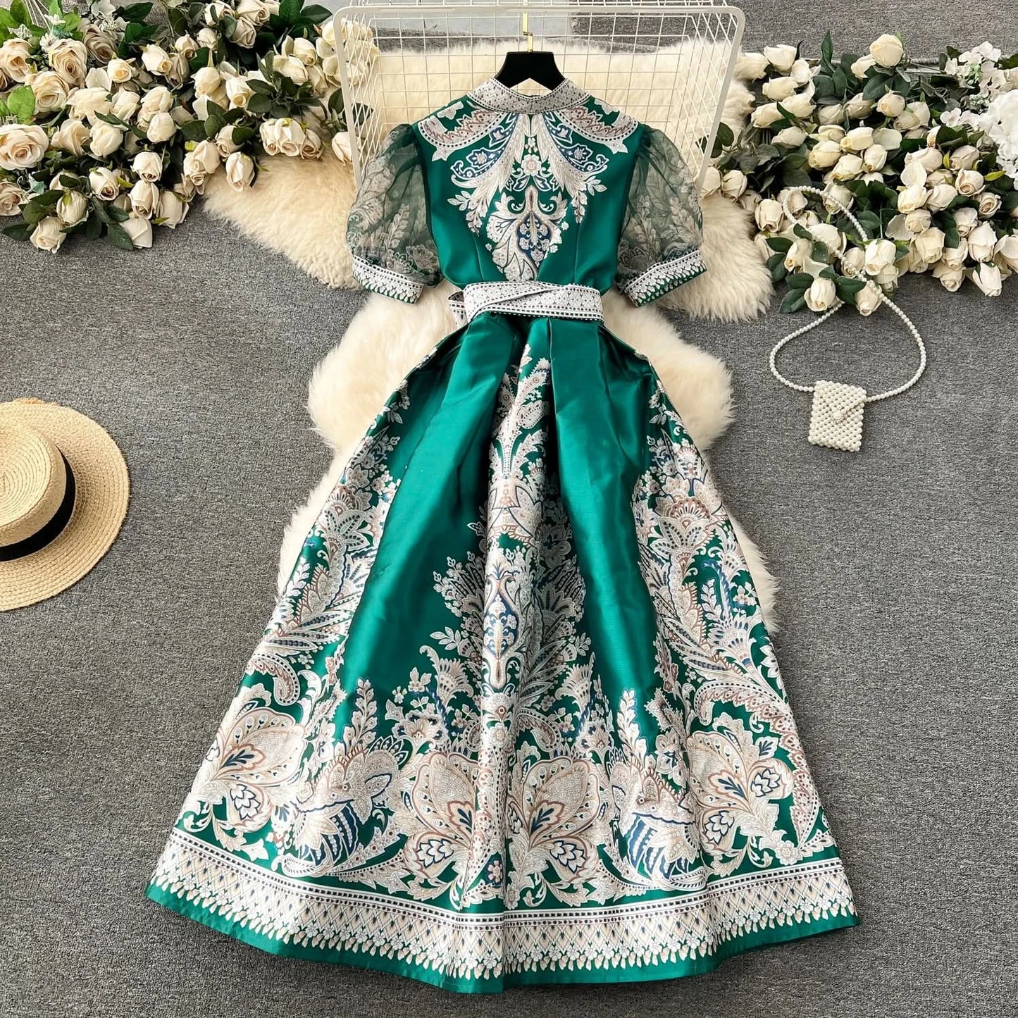 Summer Bohemian Paisley Print Long Dress Women V-Neck Short Puff Sleeve Vintage Print Bandage Lace Up Robe Vestidos Clothes 6237 - M & M Global