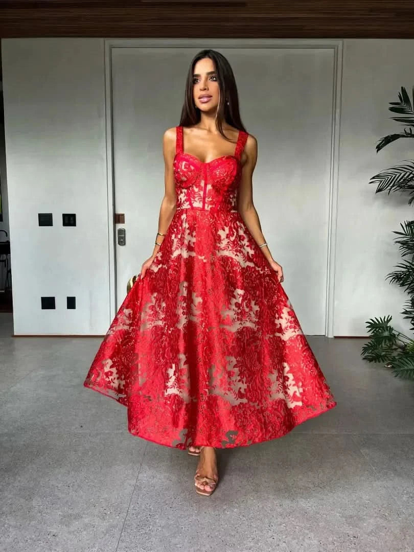 Sexy Lace Jacquard See Through Women Dress Sleeveless Tie Up Backless lace Long Dress Summer Party Ladies Bandage Party Dress - M & M Global