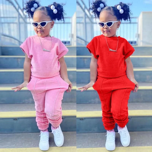 Fashion Kids Little Girls Clothing 2 Pieces Sets Cotton Solid Casual T-shirt+Elastic Waist Pants Young Children Outfits 1-6Y - M & M Global