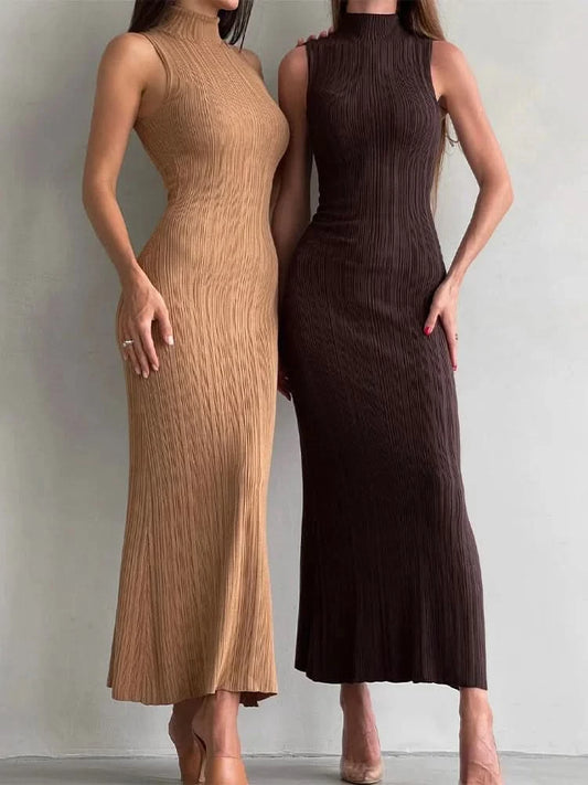 Tossy Sleeveless Knitwear Turtleneck Long Dress Female Slim Elegant Fashion Autumn 2023 Ribbed Knit Dress For Women Maxi Dress - M & M Global