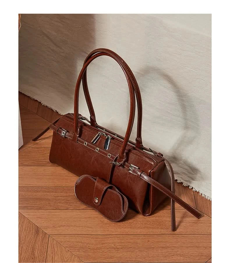 Genuine Leather Women's Baguette Bag Niche Retro Motorcycle Trend Cool belt Handbag New Luxury Design Shoulder Underarm Bag - M & M Global