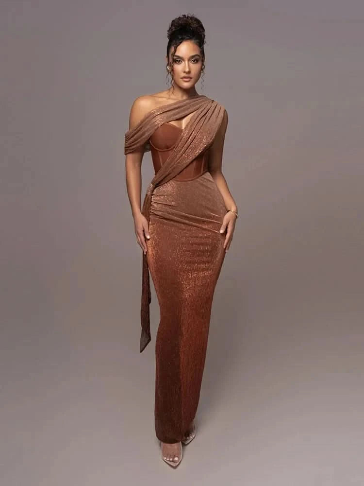 Sexy One Shoulder Draped Glitter Long Dress Women Brown Corset Sparkly Backless Bodycon Maxi Dresses Evening Party Gowns - M & M Global