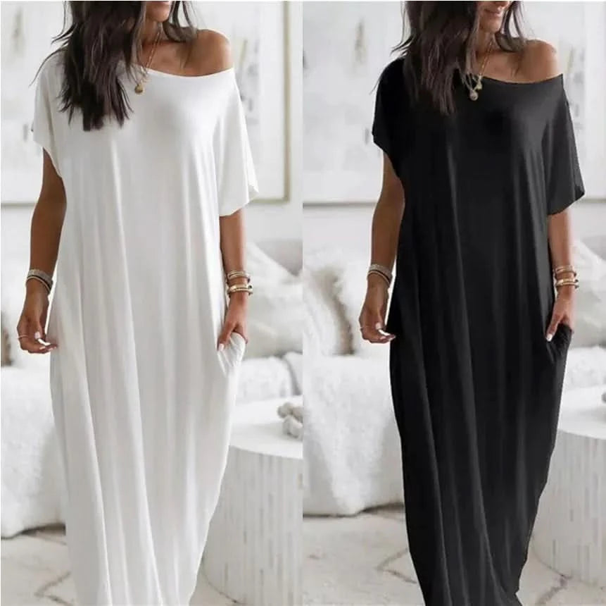 Summer Home Long Dress Comfortable Casual Sexy One-shoulder Bat-sleeve Dress Women's Short-sleeved Long Dress - M & M Global