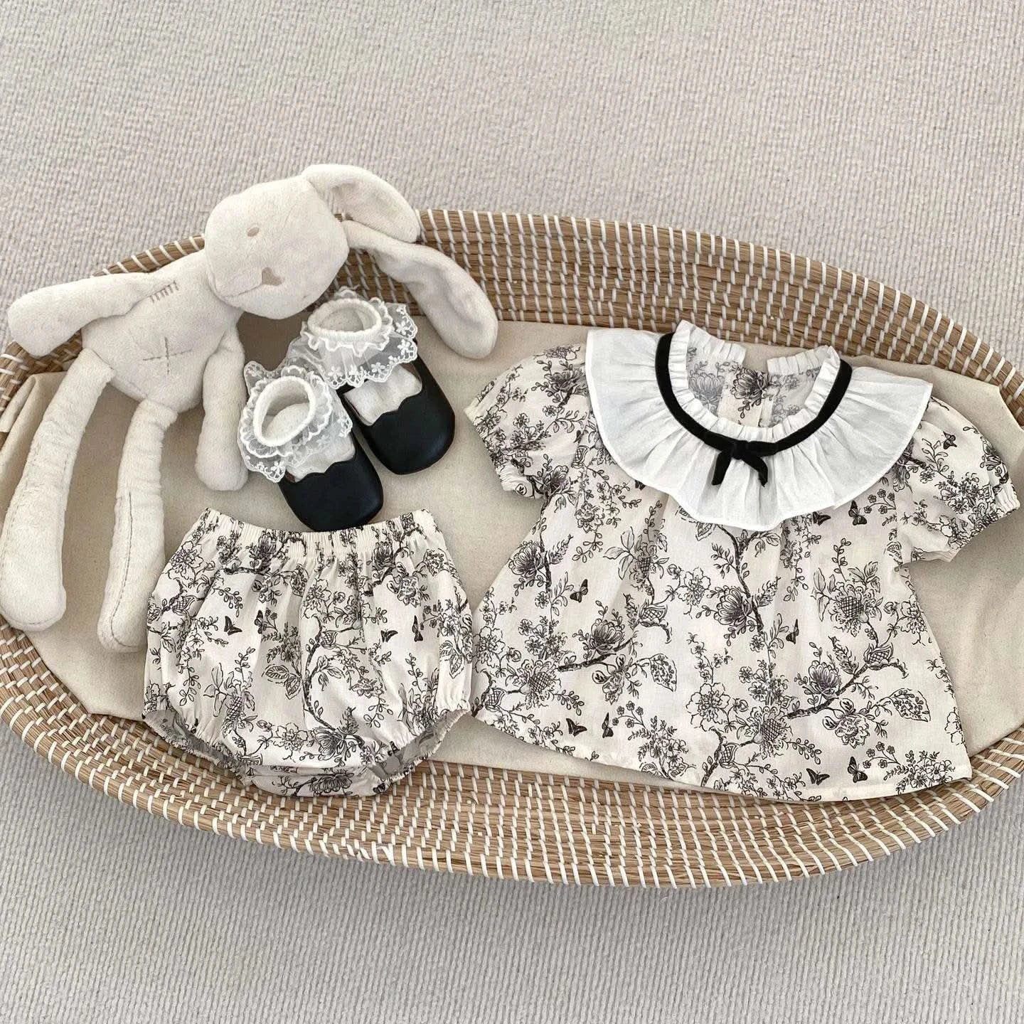 2PCS Summer Floral Baby Girl Suit New Autumn Fashion Lace Bow Baby Girls' Set Peter Pan Collar Shirt and Shorts Princess Outfits - M & M Global