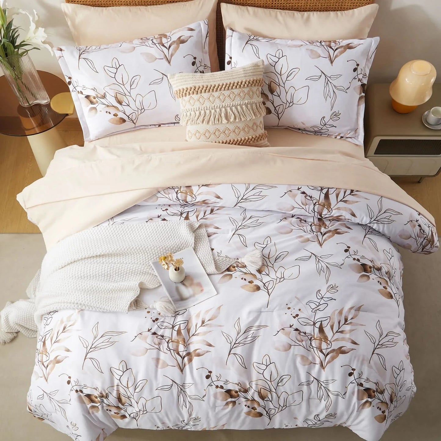 7Pcs solid color botanical pattern quilt set, microfiber soft and durable bedding set bedroom decoration gift