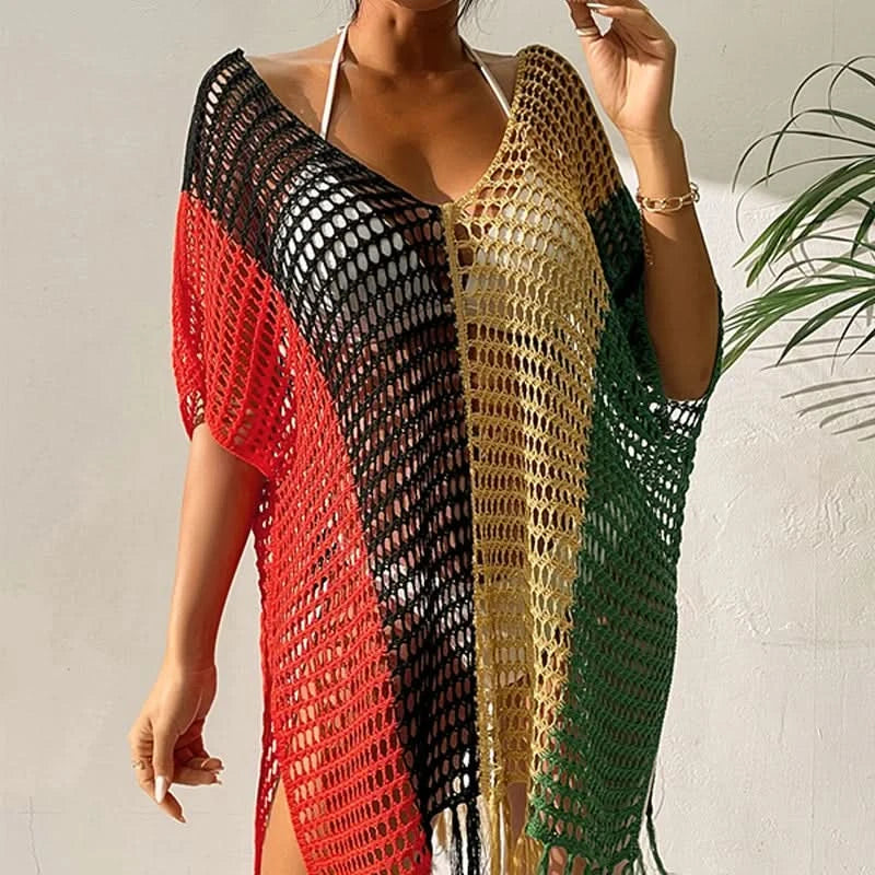 Knitted Contrast Tassel Bikini Summer Beach Cover Up Sexy Hollow Out Women V Neck Loose Beachwear Sunscreen Smock - M & M Global