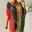 Knitted Contrast Tassel Bikini Summer Beach Cover Up Sexy Hollow Out Women V Neck Loose Beachwear Sunscreen Smock - M & M Global