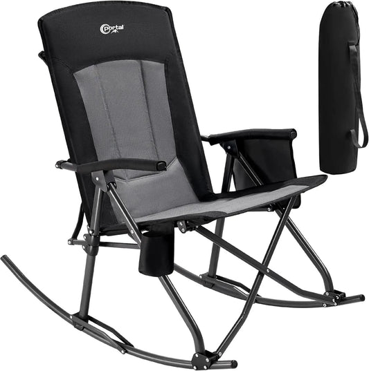 Oversized Folding Rocking Chair. Portable Outdoor Rocker. High Back, Hard Armrests. Carry Bag. Supports 400 lbs. Mesh Back.