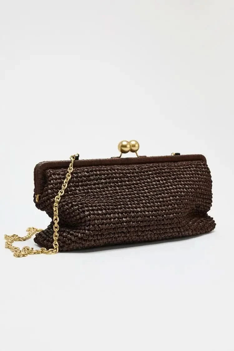 New Handwoven Raffia Shoulder Bag, Women's Staw Crossbody Bag Vacation Clip Bag Clutchs, Summer Luxury Design Baguette Bag - M & M Global