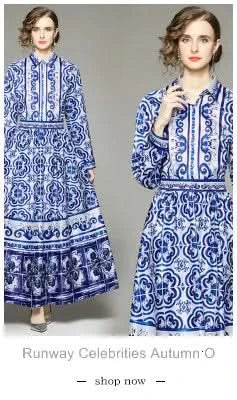Summer Long Dress Women Runway Blue And White Porcelain Asymmetry Sexy Off The Shoulder Ruffles Hem Loose Robe Maxi Vestidos - M & M Global