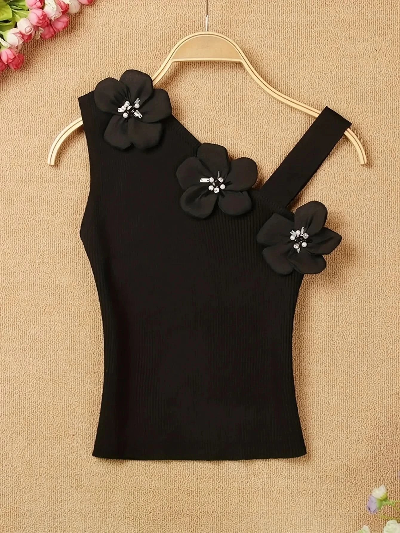 Solid Stereo Flower Asymmetric Neckline Knitted Top, Elegant Sleeveless Top For Summer & Spring, Women's Clothing - M & M Global