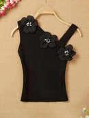 Solid Stereo Flower Asymmetric Neckline Knitted Top, Elegant Sleeveless Top For Summer & Spring, Women's Clothing - M & M Global