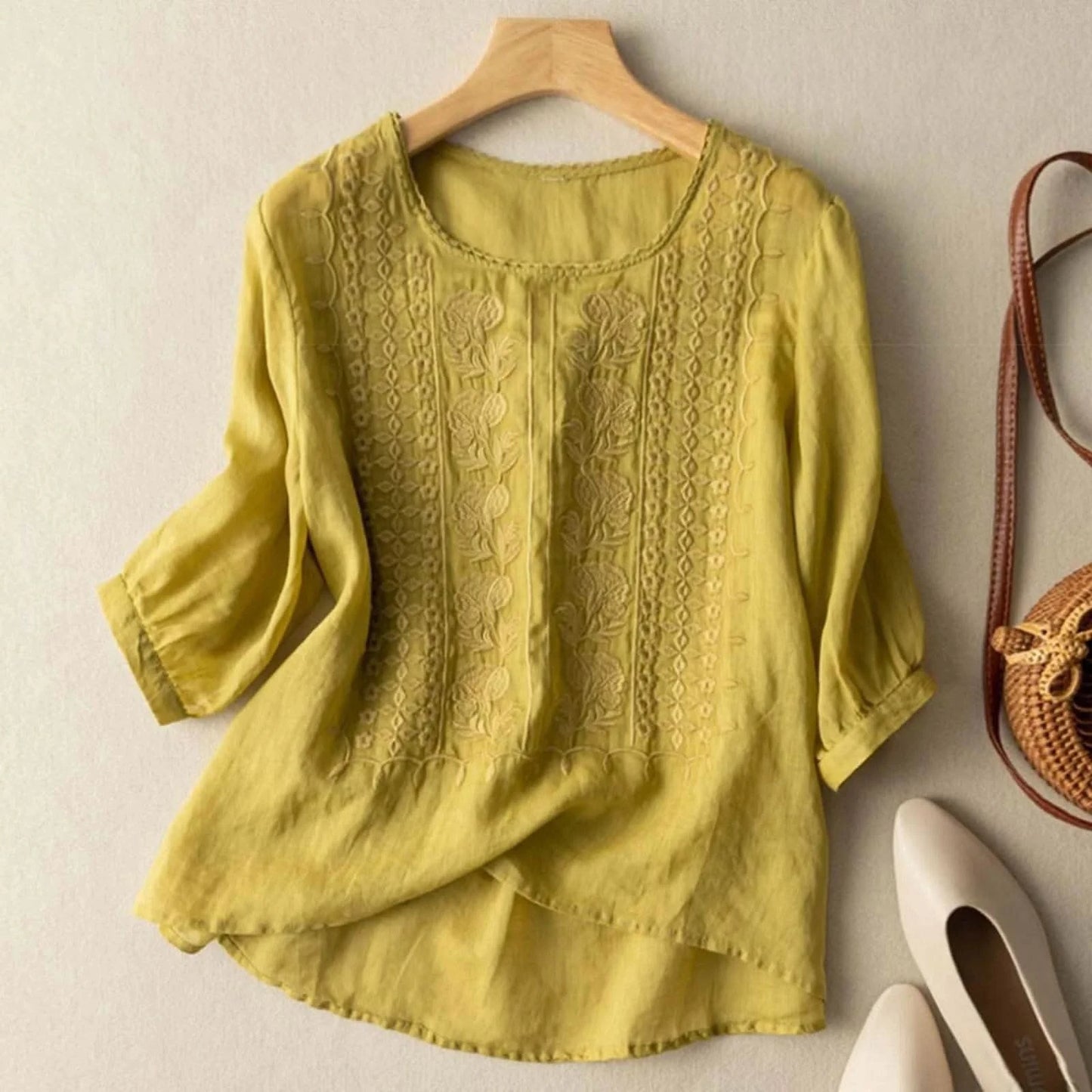 Cotton Linen Blended Summer Blouse Women Embroidered Floral Thin Long Sleeve Blouses Round Neck Loose Female Top - M & M Global