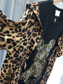 Extra size 300 pounds fat people wear summer women's dress leopard print patchwork bear rhinestone short-sleeved skirt - M & M Global