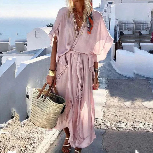Casual Summer Retro Solid Color Short Sleeve Party Dress Women Elegant Ruffle Long Dress Fashion Holiday Boho Loose Ladies Dress - M & M Global