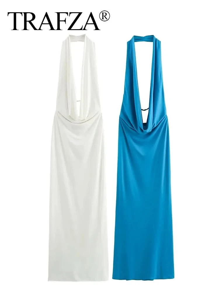 TRAFZA 2024 Woman Halter Off Shoulder Backless Long Dress Female Folded Decoration Hanging Neck V-neck Open Back Evening Dress - M & M Global