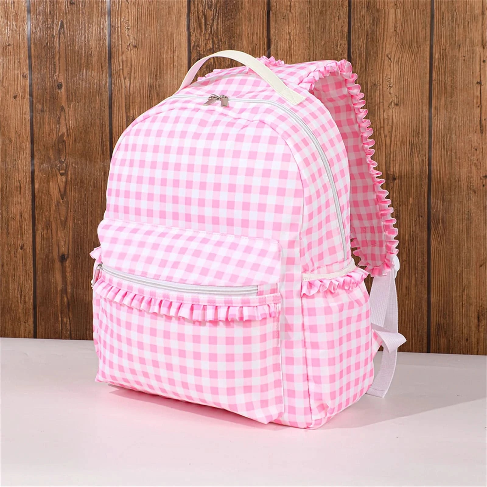 Ruffle Plaid Backpack Girl Pink/Blue Nylon For Women Outdoor Travel Weekend Book Schoolbags Back To School Gifts For Kids - M & M Global