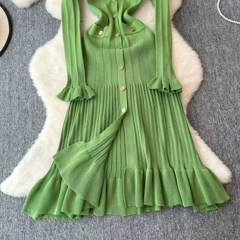 2024 Green Fashion Autumn Winter Knitted Long Dress French Style Letter Buttons Elegant Sweater Dress Lady Office Bodycon - M & M Global