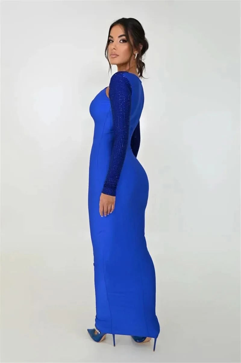 Mozision Hollow Out Sparkle Long Sleeve Maxi Dress For Women Glitter Vestidos Robe New Bodycon Shiny Night Club Party Long Dress - M & M Global
