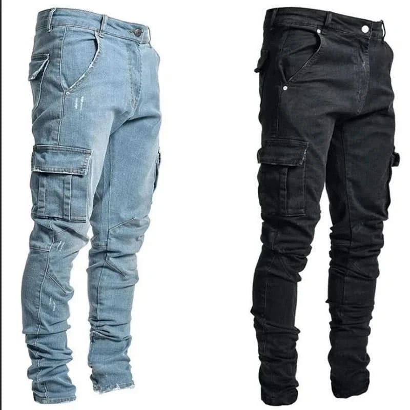 Men Street Elastic Denim Jeans Wash Solid Color Multi Pockets Cargo Pants Casual Slim Fit Daily Wear Joggers Mid Waist Trousers - M & M Global