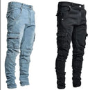 Men Street Elastic Denim Jeans Wash Solid Color Multi Pockets Cargo Pants Casual Slim Fit Daily Wear Joggers Mid Waist Trousers - M & M Global