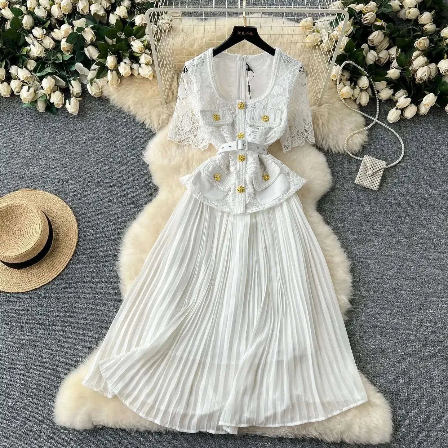 Designer 2025 Summer Pleated Chiffon Lace Long Dress Women Flower Embroidery Gold Button Belt Evening Party Dresses Wedding Robe - M & M Global