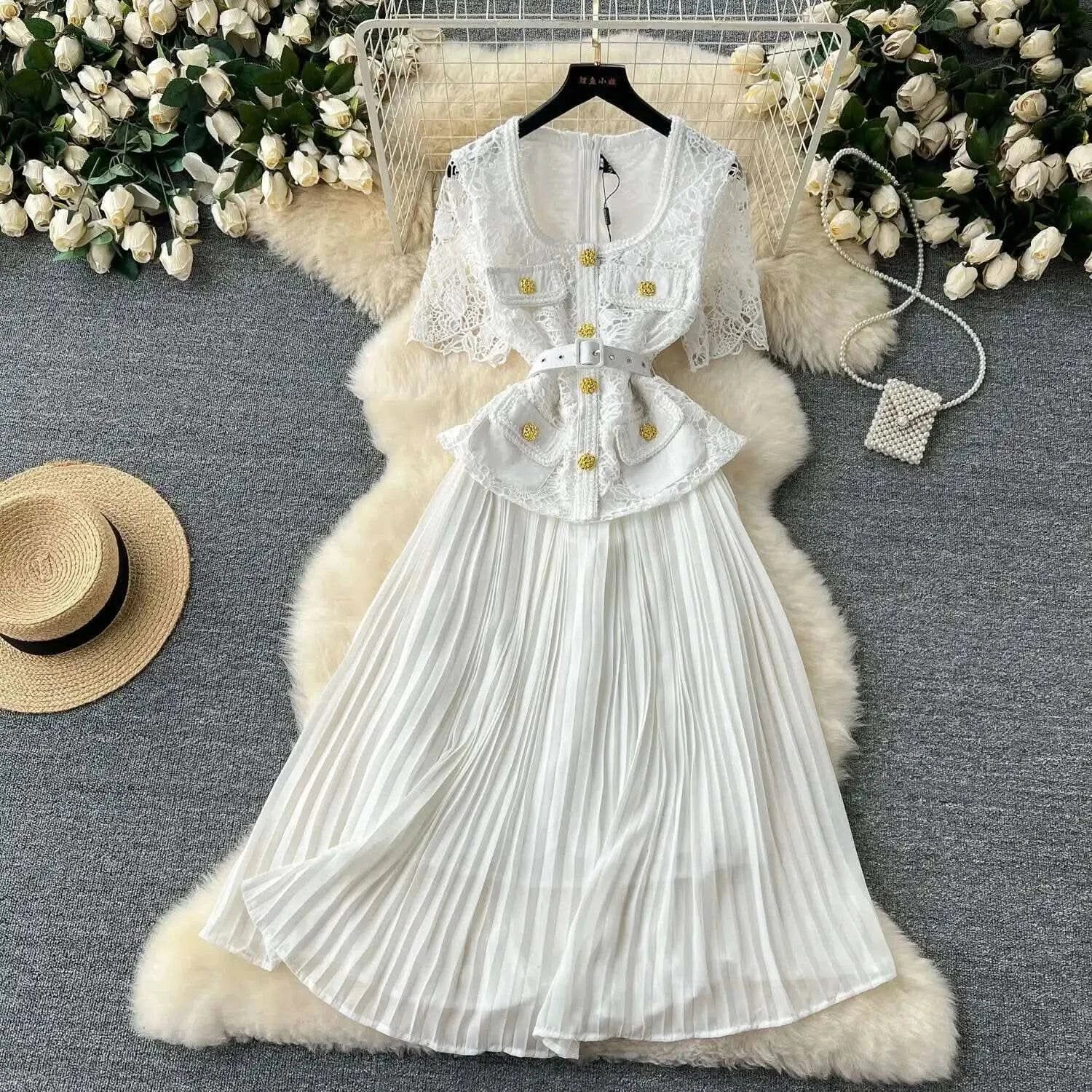 Designer 2025 Summer Pleated Chiffon Lace Long Dress Women Flower Embroidery Gold Button Belt Evening Party Dresses Wedding Robe - M & M Global