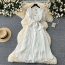 Designer 2025 Summer Pleated Chiffon Lace Long Dress Women Flower Embroidery Gold Button Belt Evening Party Dresses Wedding Robe - M & M Global