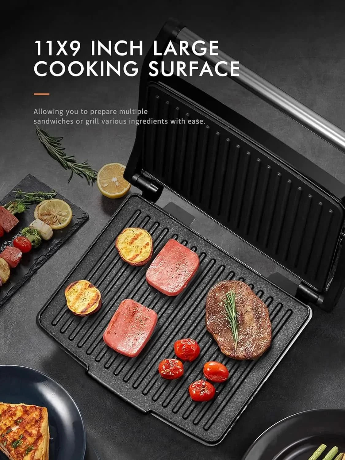 Panini Press Grill, Gourmet Sandwich Maker, Electric Indoor Grill with Non-Stick Cooking Plate and Removable Drip Tray, Easy to - M & M Global