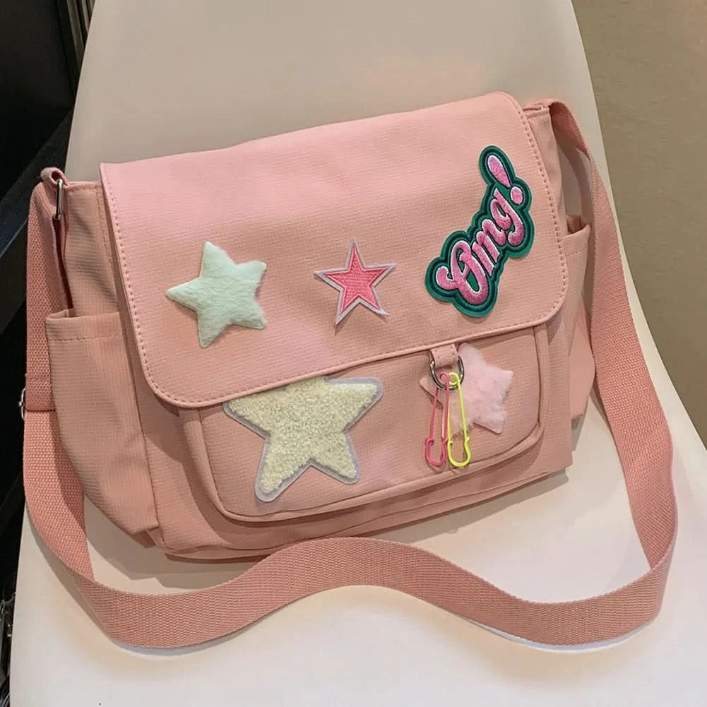 Women Cute Messenger Bag Large Capacity Canvas Student School Bag Star Letter Applique Candy Color Leisure Travel Outdoor Bag - M & M Global