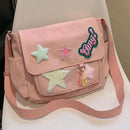Women Cute Messenger Bag Large Capacity Canvas Student School Bag Star Letter Applique Candy Color Leisure Travel Outdoor Bag - M & M Global