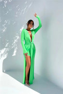 Mozision Deep V Neck Long Sleeve Split Maxi Dress Women Elegant Clubwear 2023 Autumn New Bodycon Ruched Sexy Long Dress - M & M Global