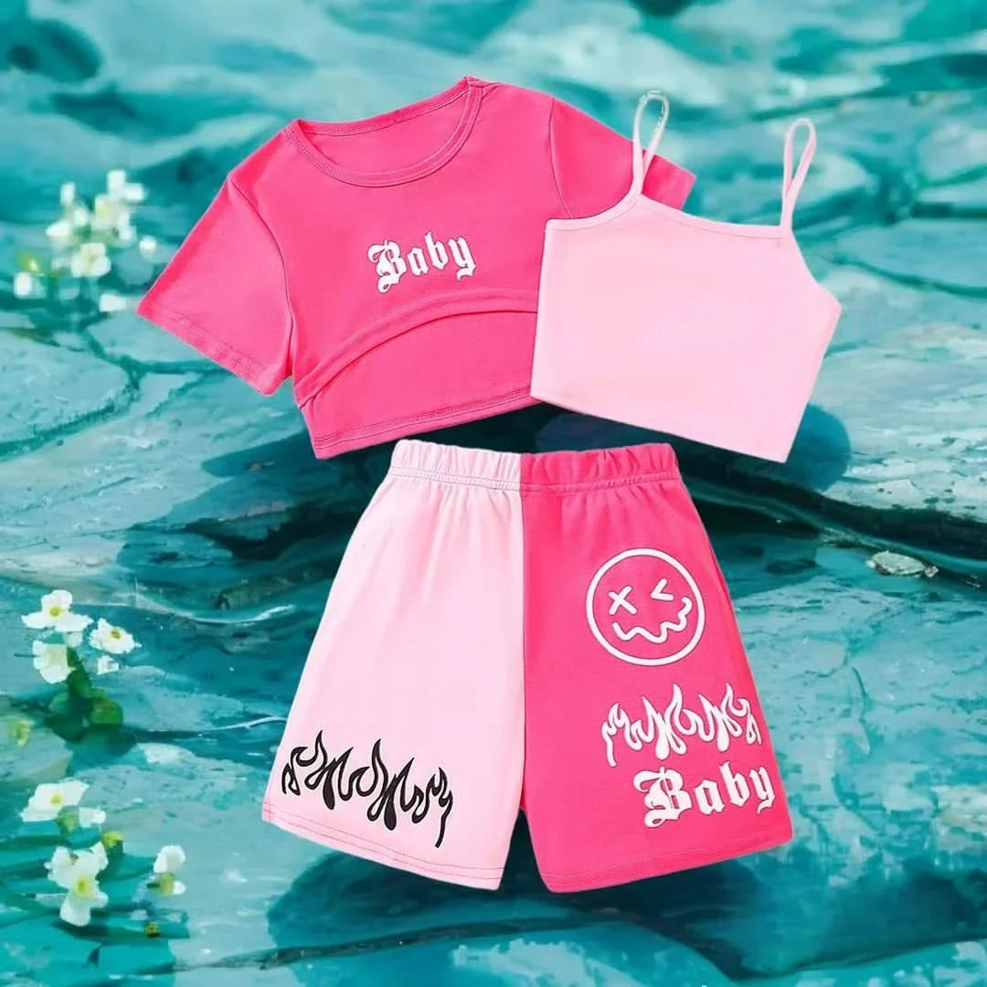 New Kids Girls Clothing Set Summer Short Sleeve Fashion Three Piece Girls Suit Color Block Children Outfits Girls Clothes 8-12Y - M & M Global