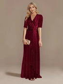 Luxury Floor Length V-Neck Evening Dress 2025 Women Elegant Party Maxi Dress Sequin Short Sleeves Prom Cocktail Gowns